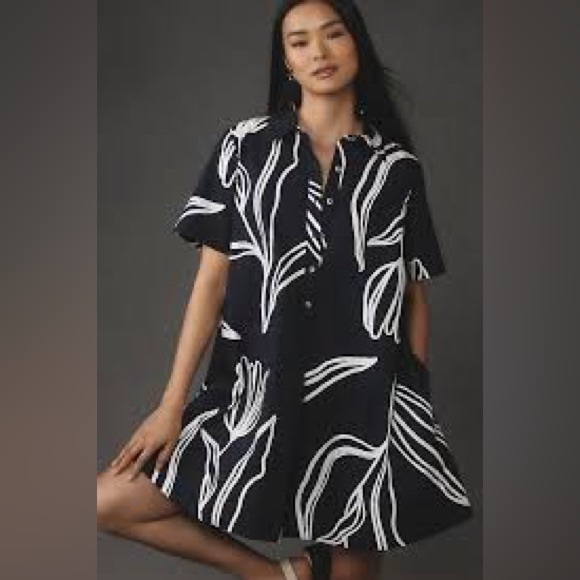 NWT  By Anthropologie Navy & White Floral Pollie Mini Short sleeve swing Dress - Picture 3 of 8